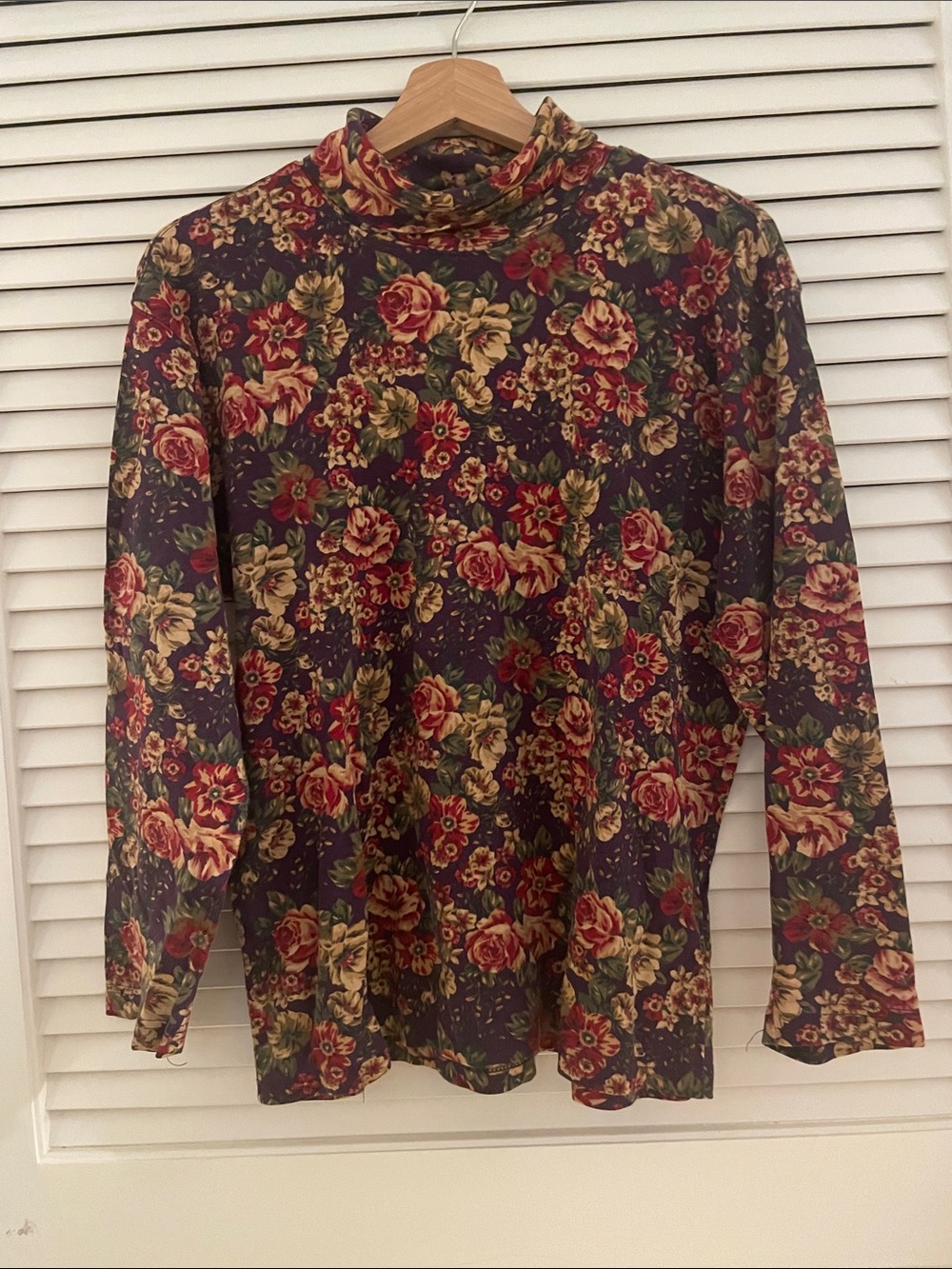Talbots Burgundy Floral Turtleneck Top with Red and Cream Blooms
